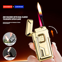 Briquet gonflable rétractable à double flamme avec interrupteur, réservoir d'air transparent, allumage à piles, vente en gros
