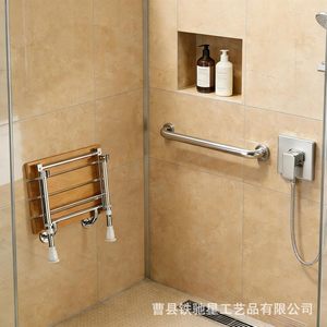 Chaise de salle de bain pliante murale en fer et bois, siège de douche en bois massif pour personnes âgées et femmes enceintes - Product Image 1