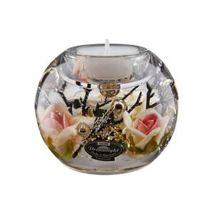 Lot de 6 bougeoirs chauffe-plat Gilde Dreamlight en verre, motif floral Rosery, forme ronde, couleur crème, H.7cm D.9cm, origine Chine - Product Image 1