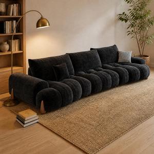 Divano Curvo Minimalista Italiano, Divano Retrò <span class=keywords><strong>in</strong></span> <span class=keywords><strong>Velluto</strong></span> Ciniglia con Schienale Mobile, Ampio Divano Profondo per Soggiorno - Product Image 3