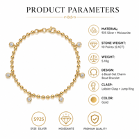 Bracelet en perles de moissanite en argent sterling 925 avec 6 breloques serties clos, bijoux quotidiens pour femme
