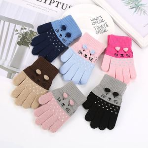 Gants d'hiver pour enfants de trois ans, tricot, chat, cinq doigts, brossés, bébé garçon et fille, laine, extérieur, doigts chauds - Product Image 1