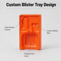 Plateau en blister PET orange personnalisable pour étui de chargement d'écouteurs, emballage d'accessoires électroniques, écologique, vente en gros