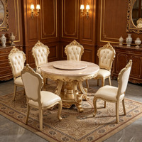 Ensemble de table à manger ronde en marbre de luxe européen, table en bois massif sculptée à la main, finition dorée, chaises en cuir blanc, vente en gros