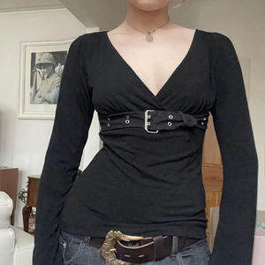 Nueva Camiseta de Manga Larga para Mujer, Estilo Gótico Y2K, Cuello en V, Cierre Metálico, Ajustada y Entallada, Venta al Por Mayor - Product Image 2