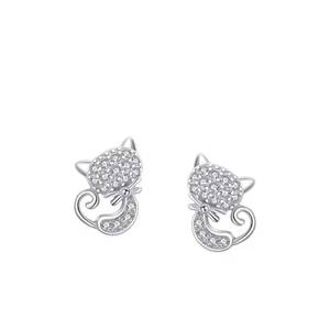 Boucles d'oreilles clous pour femmes, style Ins, en argent 925 plaqué rhodium, avec zircon, motif chat mignon, bijoux exquis, vente en gros - Product Image 1