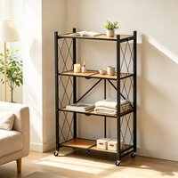 Chariot de cuisine roulant à 4 niveaux, étagère de rangement pliable avec étagères en bois, roulettes, support pour micro-ondes en métal noir, organisateur