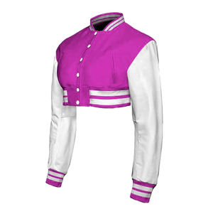 Veste de baseball universitaire personnalisée pour femmes Design court Patchwork manches longues Blouson teint uni pour l'hiver coton peau de mouton - Product Image 5