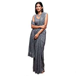 Sari de Lujo Gris Plateado con Lentejuelas, Sari de Georgette con Trabajo Metálico de Lentejuelas Pesadas, Sari de Diseñador para Bodas Indias y Fiestas - Product Image 1
