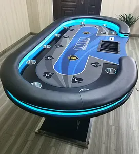 Meja Poker perjudian kustom mewah Modern 10 pemain 2.4m lampu Led meja Poker kayu untuk Texas Blackjack