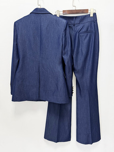Completo da Donna Blu Scuro in Finto Denim, Blazer con Risvolto a Punta e Pantaloni a Zampa, Set Due Pezzi per Ufficio e Casual - Product Image 4