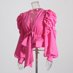 Zhezhe Nieuwkomers V-Hals Poff Mouw Geplooide Dames Shirts Voor Dames Met Ruches Met Veters Taille Damesblouses - Product Image 6