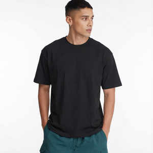 Camiseta de Manga Corta con Cuello Redondo Negra para Hombre, Corte Regular, Informal, de Color Sólido, de Algodón, Tejido de Punto Jersey - Product Image 1