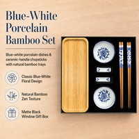 Ensemble de plateaux en bambou en porcelaine bleue et blanche avec logo personnalisé, baguettes en céramique, vaisselle zen, coffret cadeau OEM