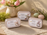Pot à bougie rectangulaire en métal avec couvercle, 3 motifs floraux lapin de Pâques, rose poudré, récipient vide en métal pour la fabrication de bougies