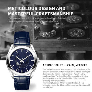 ผู้ผลิตนาฬิกา OEM Miyota Automatic 9015 Moonphase นาฬิกาข้อมือ โลโก้สั่งทำพิเศษ หน้าปัดสีน้ำเงินลายดวงดาวพร้อมแสดงข้างขึ้นข้างแรม สายเหล็กและสายหนัง - Product Image 2