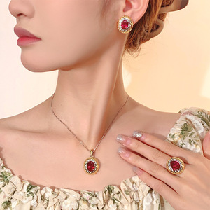 Parures de bijoux vintage en cuivre écologiques, hypoallergéniques, haut de gamme, pour mariage, avec zircon rouge 10*12-8*10mm, boucles d'oreilles, collier et bague - Product Image 2