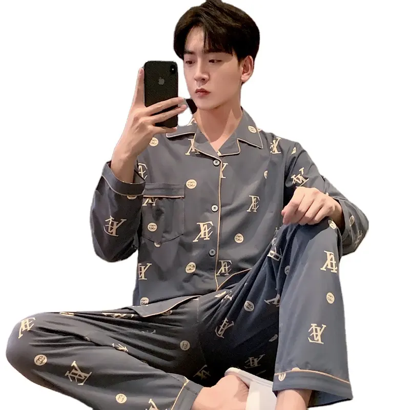 Men's Pajamas Lapel With Buttons Loungewear Long Sleeve Pants 2Pcs Sets Sleepwear Fashion Korean Cartoons Terno Men Nightwear