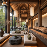 Ensemble de mobilier de style japonais pour hall d'hôtel avec canapé, table basse en pierre, comptoir de réception, banc et buffet pour complexes hôteliers
