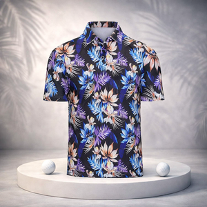 Polo de golf personnalisé en polyester et élasthanne, à manches courtes, imprimé, décontracté, bleu marine, confortable et respirant - Product Image 1