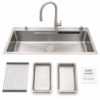 Évier de cuisine à cuve unique en acier inoxydable SUS304 noir mat de style coréen, fait main, avec panier et support enroulable en option