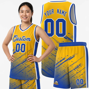 Ensemble de maillots de basket-ball personnalisés, jaune et bleu dégradé, impression sublimée, polyester respirant, débardeur et short uniformes - Product Image 1