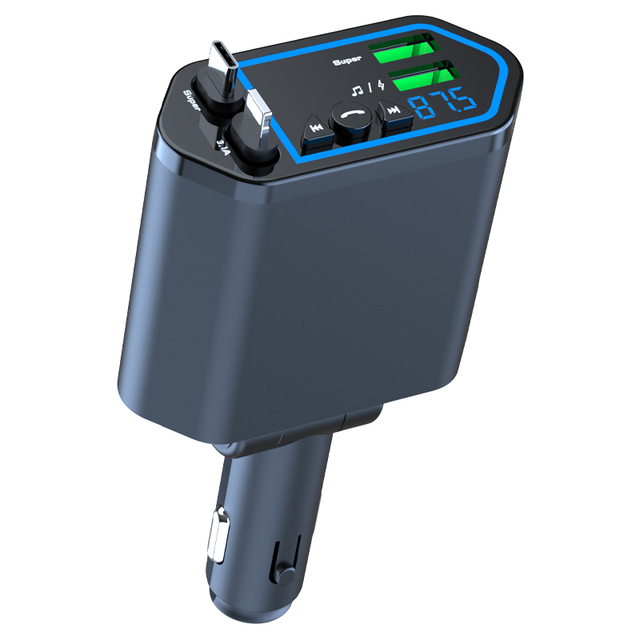 Fast Charger Car Phone Station Charger 4 in 1 LED Digital Display Retractable 2 Cables Type C Portable Car Charger for IPhone