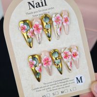 Ongles Stiletto Rose et Blanc 10 Pièces Faits Main Fleurs 3D Perles Dorées Effet Œil de Chat Paillettes Ongles à Presser Prix de Gros