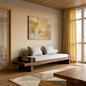 Divano a Due Posti in Legno Massello Stile Wabi-Sabi con Rivestimento in Cotone e Lino Rimovibile e Lavabile per Villa, Hotel, Piccolo Appartamento, Caffè, Sala da Pranzo, Bar - Product Image 1