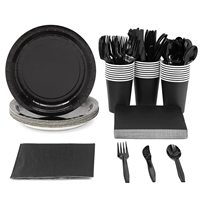 Ensemble de 144 pièces de vaisselle noire pour 24 personnes, comprenant assiettes, serviettes, gobelets et couverts jetables, idéal pour les fêtes - Vente chaude