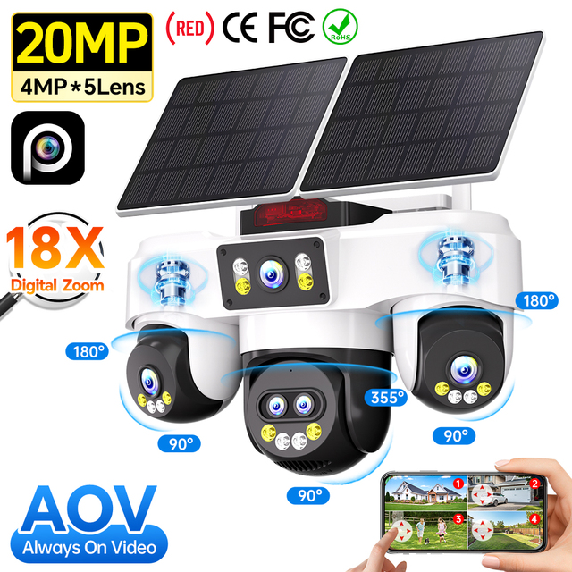 5 Lens 4 Screen 20MP 4G Solar PTZ Camera 18X Digital Zoom Auto Tracking Full Color Night Vision IP66 Outdoor WirelessCCTV Camera