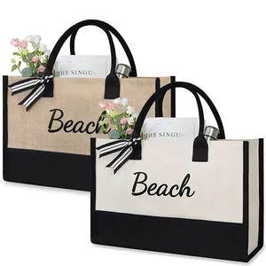 Canvas Jute Tote Bag Custom Letter Wedding Gift Bag Extra Large Beach Bag Travel