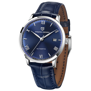 Men's Automatic Mechanical <b>Watch</b> Stainless Steel <b>Case</b> Glass Crystal Blue Leather Strap 12mm Thick 100m Waterproof - Product Image 5