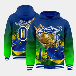 Chaqueta con capucha personalizada Royal Neon Green-White Largemouth Bass Fish Fishing 3D Bomber Full-Snap Varsity Letterman - Product Image 1