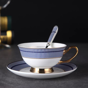 Elegant British Vintage Design <b>Bone</b> <b>China</b> <b>Tea</b> Cup and Saucer and Spoon <b>Set</b> with Gold Rim Gold Handle 250ml Capacity Blue Gold - Product Image 3