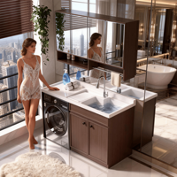Meuble de salle de bain moderne en aluminium avec évier en pierre de quartz de 35 à 60 pouces, miroir intelligent, personnalisation écologique pour chambre à coucher