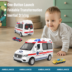 Ensemble <span class=keywords><strong>de</strong></span> jouets <span class=keywords><strong>de</strong></span> piste <span class=keywords><strong>de</strong></span> course 2 en 1 transformable en ambulance avec mini-lanceurs <span class=keywords><strong>de</strong></span> voitures, propulsion par friction, lumières et sons, jouet véhicule pour enfants - Product Image 2