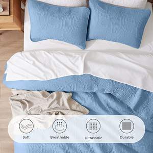 3 pièces Couvre-<span class=keywords><strong>lit</strong></span> Oversize Reine À Ultrasons Gaufrage Léger Couette Ensemble Doux Réversible Couverture pour Toute La Saison <span class=keywords><strong>Bleu</strong></span> Clair - Product Image 2