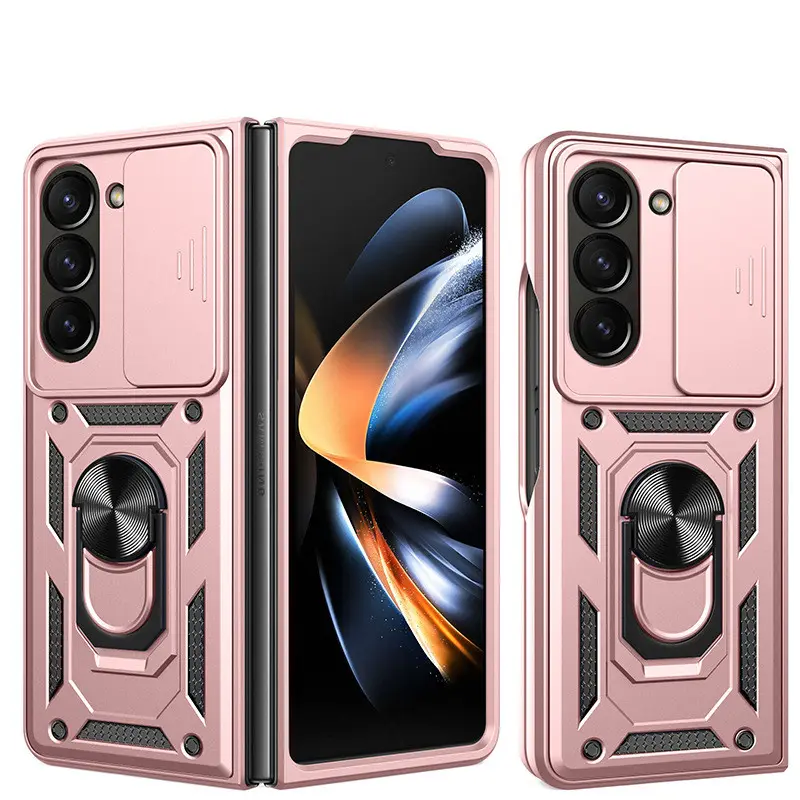 For Samsung Galaxy Z Fold 5 Case With Slide Camera Lens Protection Magnetic Metal Ring Kickstand Phone Case