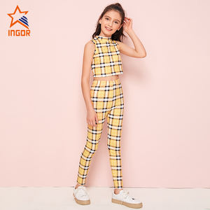 Enfants filles Plaid Sport costume col montant <span class=keywords><strong>sans</strong></span> manches haut court taille haute Yoga Legging Fitness filles entraînement ensemble - Product Image 3