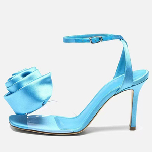 Sandales à talons hauts pour femme, grande taille 45, avec fleur sur le devant, style stiletto, à brides cheville, en soie, pour l'été, avec empeigne en PVC - Product Image 2