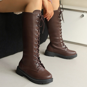 <b>Knee</b>-<b>High</b> Boots Leather Lace-Up Round Toe Flat Heel Anti-Slippery Rubber Outsole All Seasons Women's Shoes Drop Shipping - Product Image 4