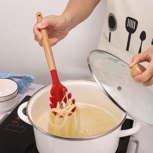 <b>Silicone</b> Kitchen Soft Non-Stick Spaghetti Scoop Noodle Strainer Wooden Handle Spoons for Home Kitchen Use Pasta Preparation for - Product Image 4