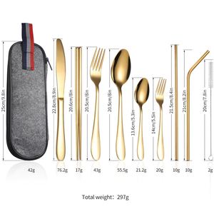 Hot Selling Luxury Stainless Steel Spoon Fork Knife Chopsticks Straw 9 Piece Travel Camping Gold Cutlery Flatware Dinnerware Set - Product Image 3