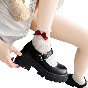 Lace <b>Socks</b> Women Off White Bow Trimmed Mid Calf Sweat Absorbent Lolita Style Japanese Design Regular Fit Youth 18 40 Years - Product Image 4