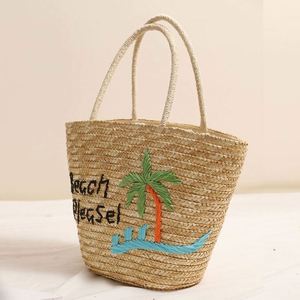 Bolso de Playa de Gran Capacidad con Bordado de Palmera, Estilo Vacacional, Cierre Abierto, Novedad con Letras, de Paja Portátil - Product Image 2
