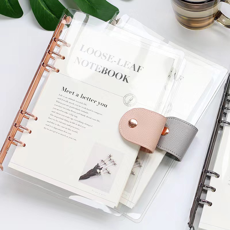 A6 A5 B5 Binder plastik bening PVC penjilid transparan dapat diisi ulang cincin daun longgar Binder Notebook dengan kancing kulit