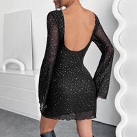 Nouvelle Robe Longue Élégante Noire en Maille à Paillettes et Dos Nu pour Femme, Coupe Ajustée, Manches Longues 2026
