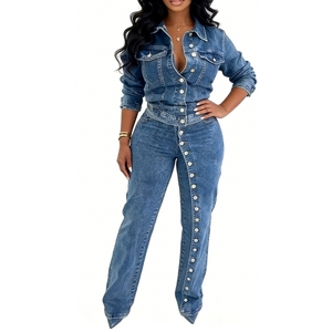 Ensemble 2 pièces en jean pour femme - Chemise boutonnée et <span class=keywords><strong>pantalon</strong></span> large coordonné Sehe Fashion - Product Image 1