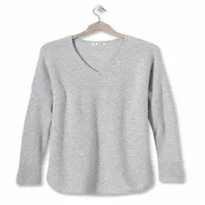 100% Cotton Men's Unisex V-Neck T-Shirt Full Sleeve Vintage Style Casual Jersey Gray Melange 220 Grams Solid Pattern Quick Model